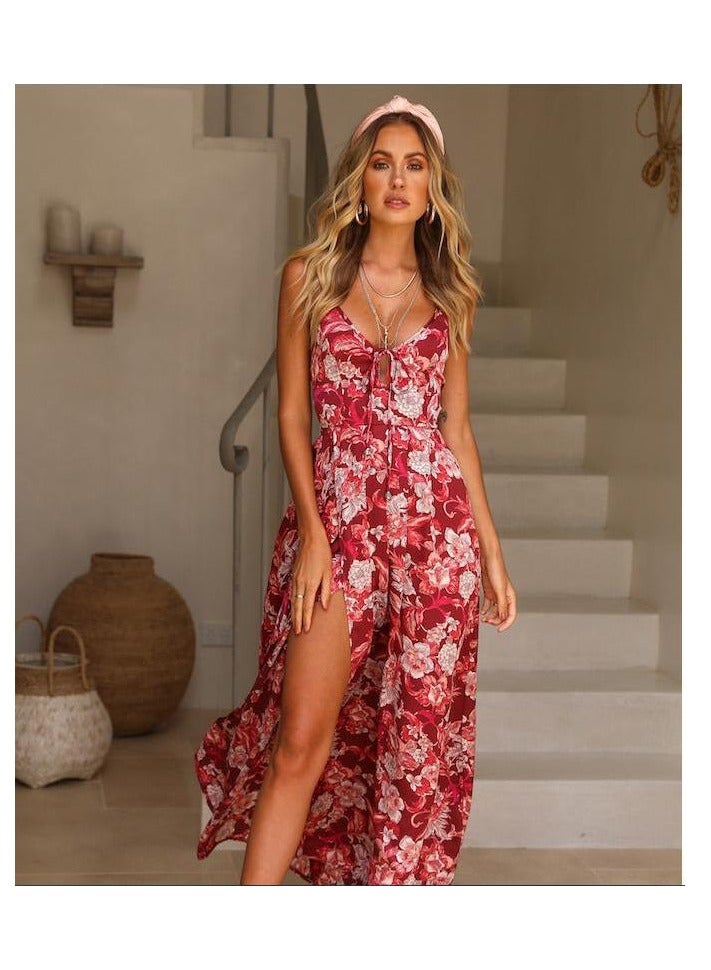 NIBEMINENT Women's  Sling Backless Split Lace Up Elegant Party Long Dresses Summer Floral Print V Neck Sleeveless Beach Maxi Dress - Image 1