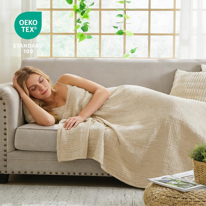 EMME Cotton Bed Blanket Twin Size Soft Muslin Boho Bedding Lightweight Breathable Twin Blanket All Season Gauze, Light Tan - Image 2