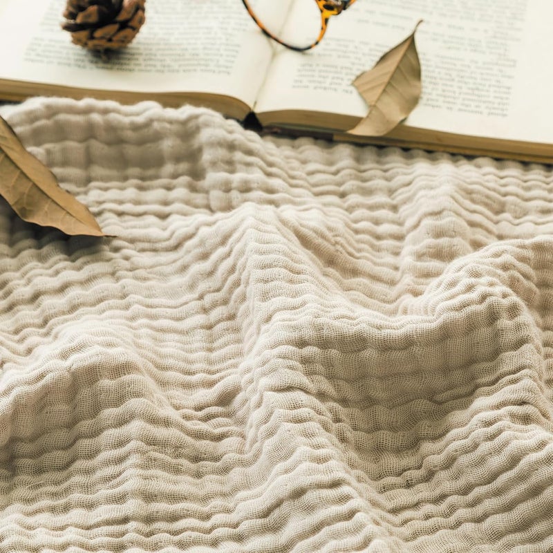EMME Cotton Bed Blanket Twin Size Soft Muslin Boho Bedding Lightweight Breathable Twin Blanket All Season Gauze, Light Tan - Image 1