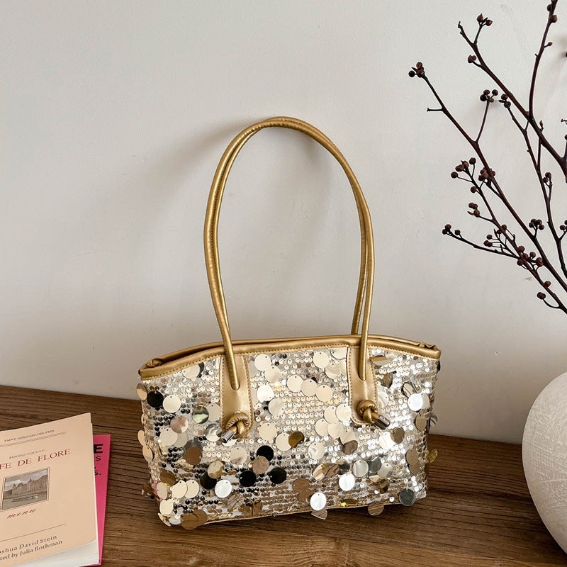 Shiny Sequins Decor Shoulder Tote Bag Dual Top Handles Drawstring Closure Medium Capacity Glitter Handbag For Evening Party Wedding Banquet Club Night Out Sparkly Fashion Daily  Outfits - Image 1