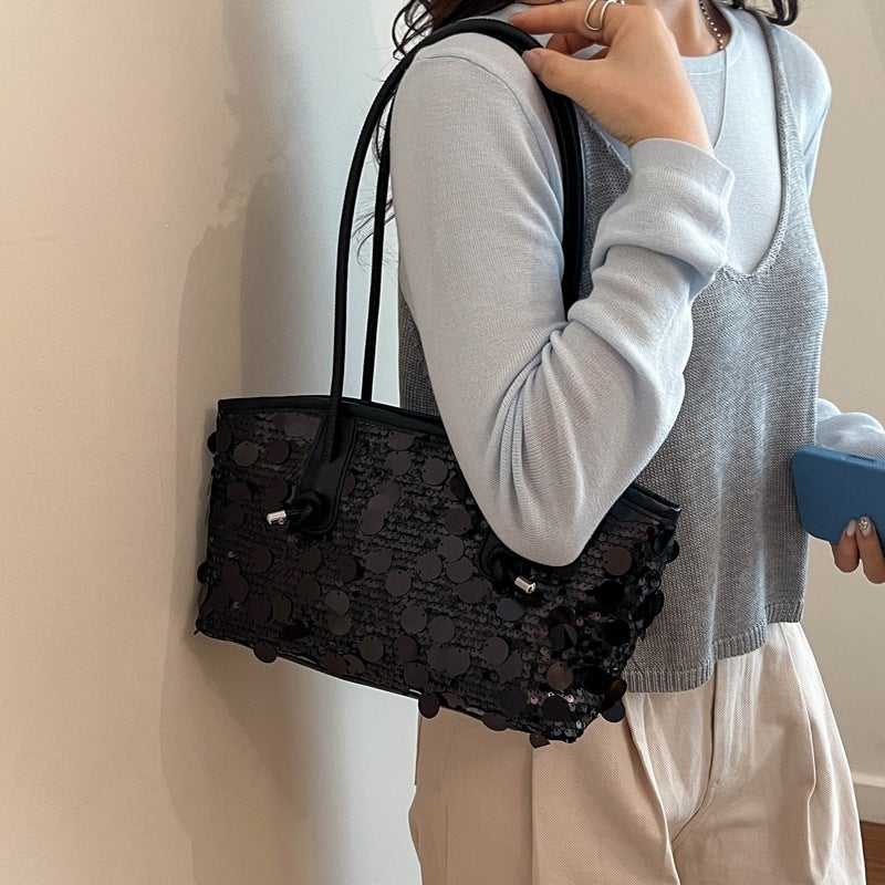 Shiny Sequins Decor Shoulder Tote Bag Dual Top Handles Drawstring Closure Medium Capacity Glitter Handbag For Evening Party Wedding Banquet Club Night Out Sparkly Fashion Daily  Outfits - Image 3