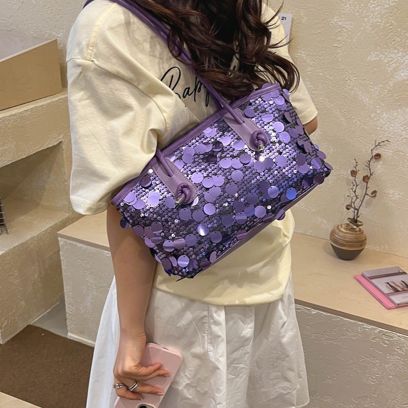 Shiny Sequins Decor Shoulder Tote Bag Dual Top Handles Drawstring Closure Medium Capacity Glitter Handbag For Evening Party Wedding Banquet Club Night Out Sparkly Fashion Daily  Outfits - Image 4