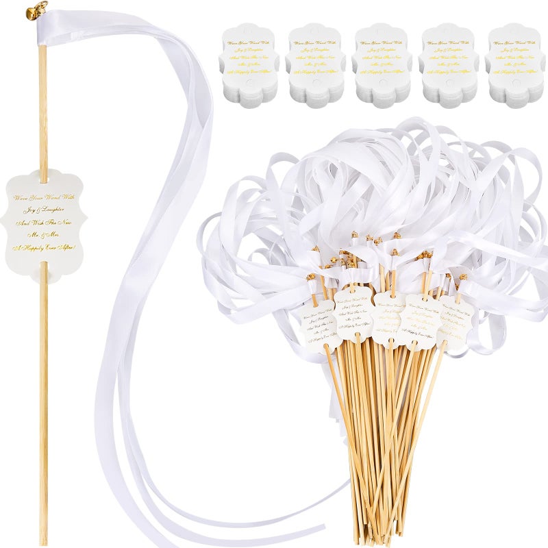 50 Pcs Ribbon Stick Wands with Bells and 50 Pcs Wedding Wand Favor Tags Fairy Wand Streamers Party Streamers Gold Wedding Send Off Tags for Baby Shower Activities Holiday Favors White