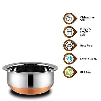 VARSHA INTERNATIONAL Stainless Steel Copper Bottom Handi,patila, Pot Biryani Punjabi Handi Set with Lid 3 Pieces Serving Bowls with Lids Cookware Set Pack of 3 (400, 1200, 1600 ML) - Image 5