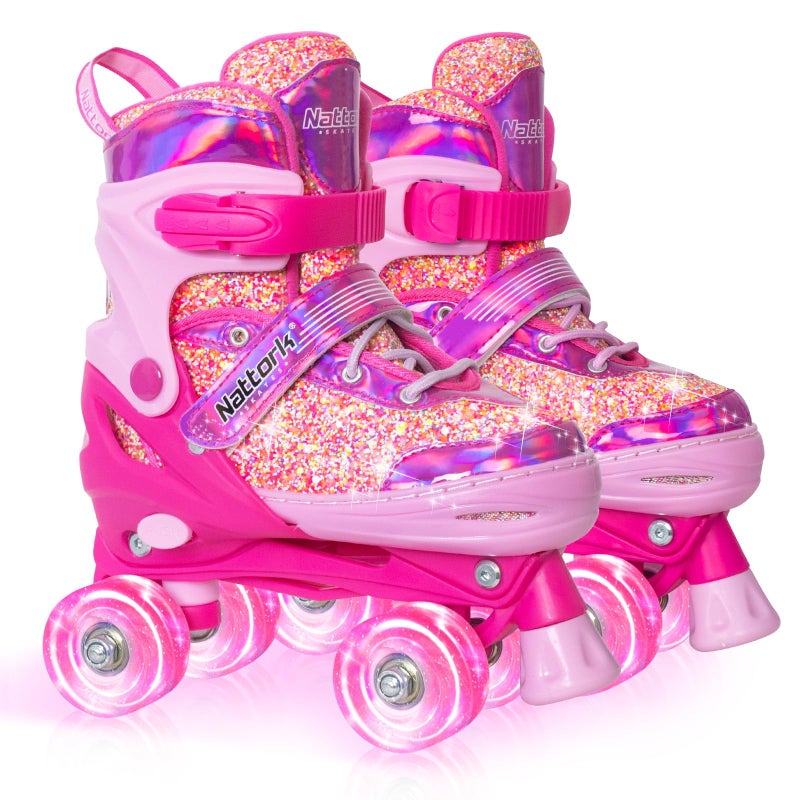 Nattork Kids Roller Skates for Girls Kids, 4 Sizes Adjustable Girls Roller Skates for Ages 3-12 with Light up Wheels & Safety Protection - Cool Birthday Gift for Indoor Outdoor Sports - Image 1