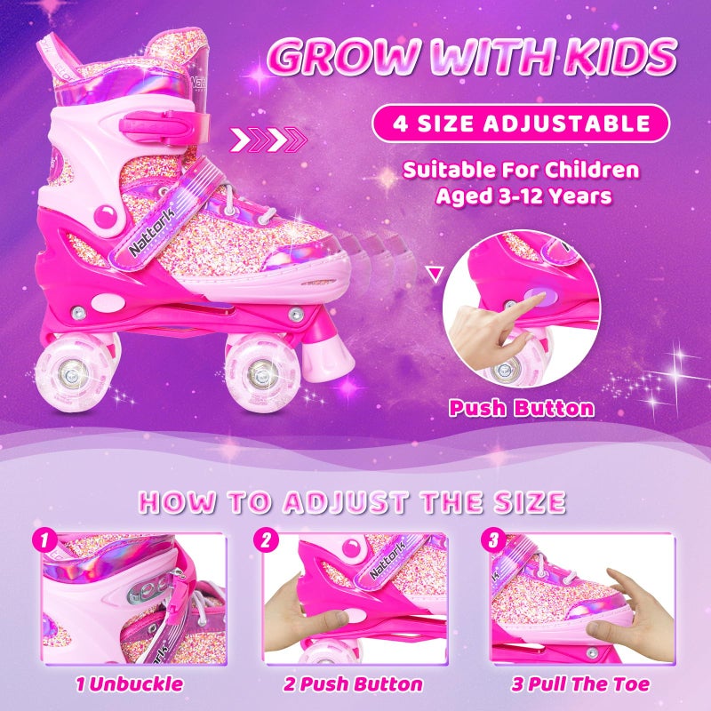 Nattork Kids Roller Skates for Girls Kids, 4 Sizes Adjustable Girls Roller Skates for Ages 3-12 with Light up Wheels & Safety Protection - Cool Birthday Gift for Indoor Outdoor Sports - Image 3