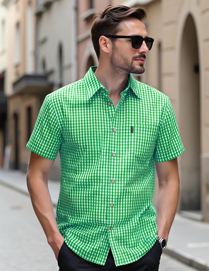 LucMatton Men's Gingham Short Sleeve Button Down Shirt Cotton Regular Fit Plaid Dress Shirts with Pocket Green Large - Image 2