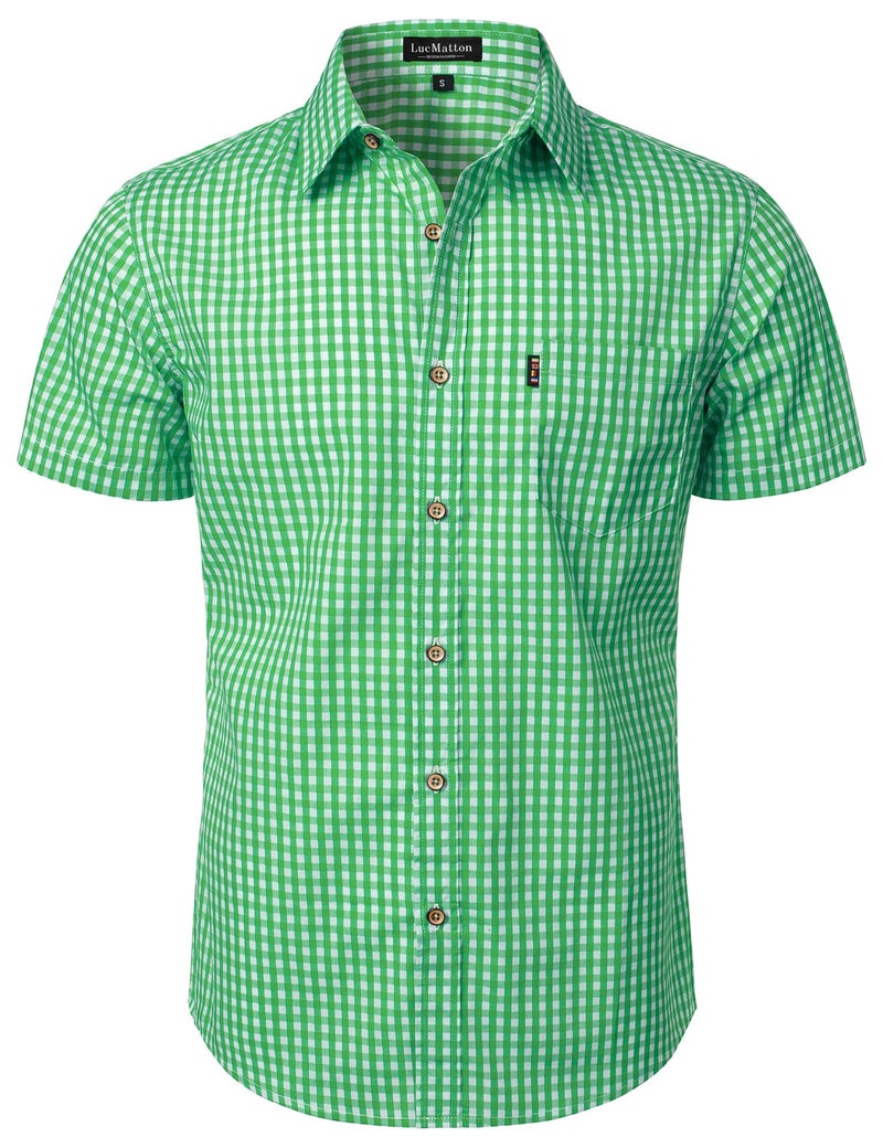 LucMatton Men's Gingham Short Sleeve Button Down Shirt Cotton Regular Fit Plaid Dress Shirts with Pocket Green Large - Image 1