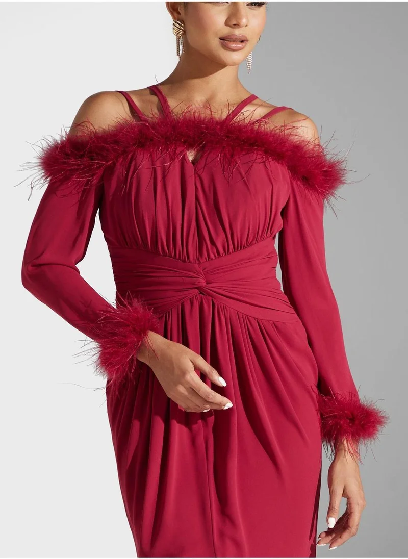 Akadia Fashion Feather Trim Maxi Dress