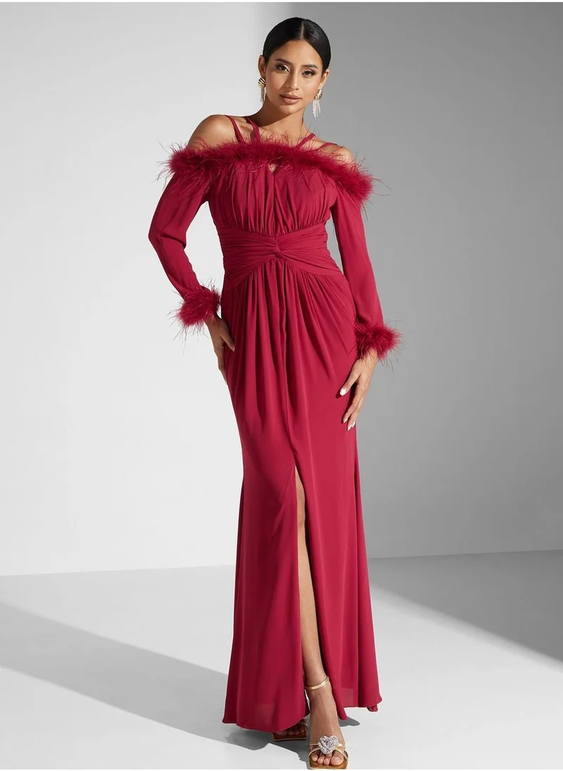 Akadia Fashion Feather Trim Maxi Dress