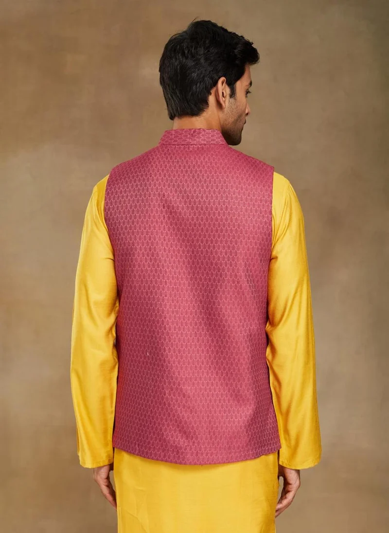 Fabindia Red Viscose Silk Woven Nehru Jacket
