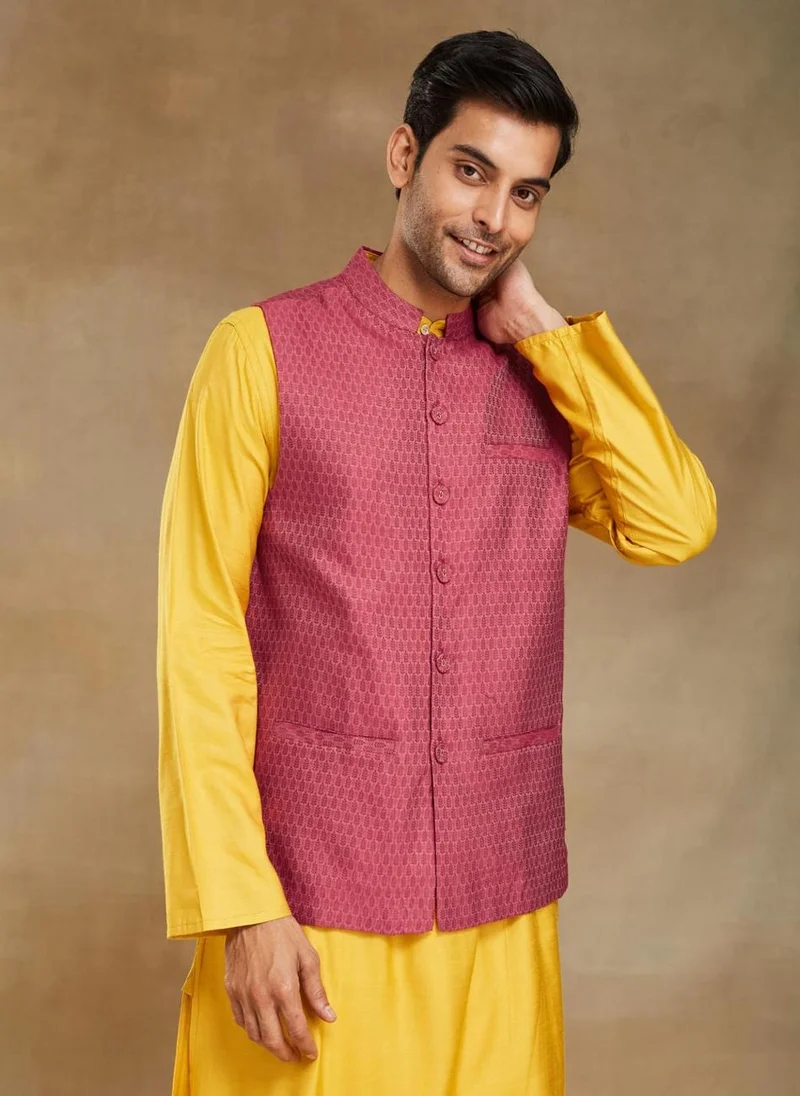 Fabindia Red Viscose Silk Woven Nehru Jacket