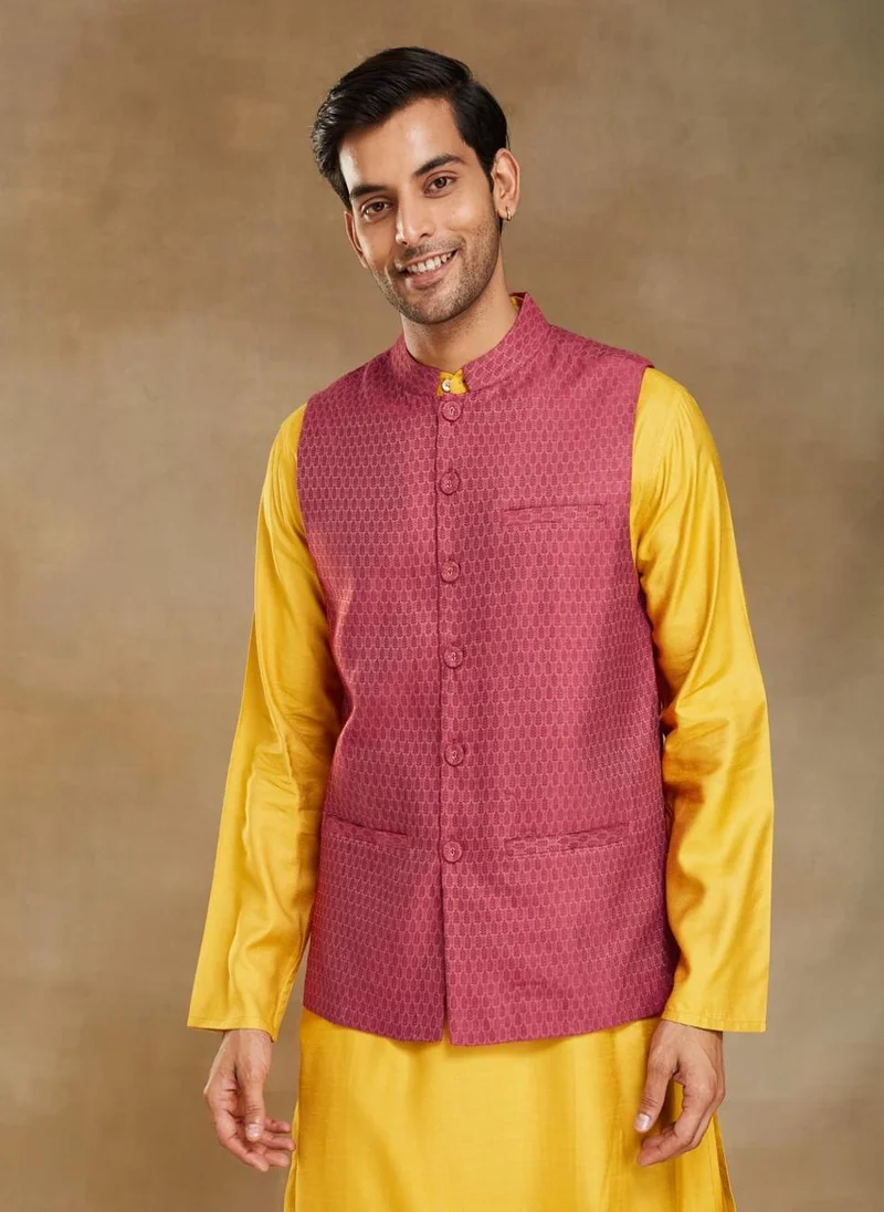 Fabindia Red Viscose Silk Woven Nehru Jacket