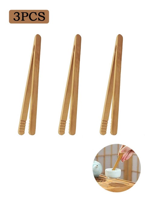 3 Pcs Bamboo Kitchen Utensil Tongs, Reusable Bamboo Tongs, for Toast Bread Pickles Fruits Tea