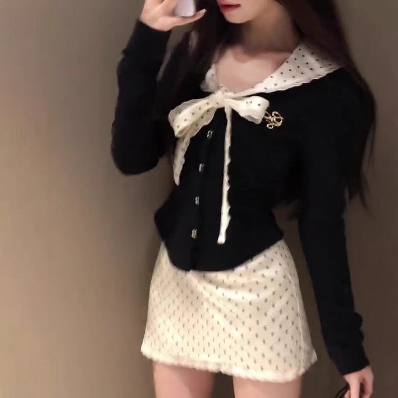 إسكدنيا Sweet and Spicy Style Bow Tie T-shirt suit Womens Spring High Waist Wave Dot Wrap Hip Skirt Slim-fit Long-sleeved Top Ins Two-piece set*6098