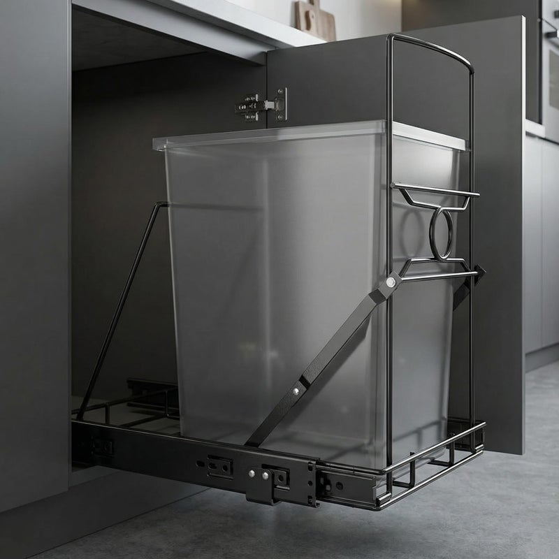 pbugac Upgraded Stainless Steel Pull-Out Trash Can Holder, Heavy-Duty Slide-Out Cabinet Organizer for 7â€“11 Gallon Bins, Black(Trash Can Not Included) - Image 2