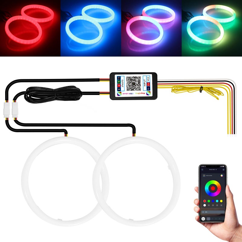 Qasim Angel Eyes Halo Rings Cotton Lights 12V 80MM RGB LED Universal for Car Scooter Motorcycle DRL with Turn Signal Function APP Bluetooth Control Multi-Color 2-Pack - Image 1