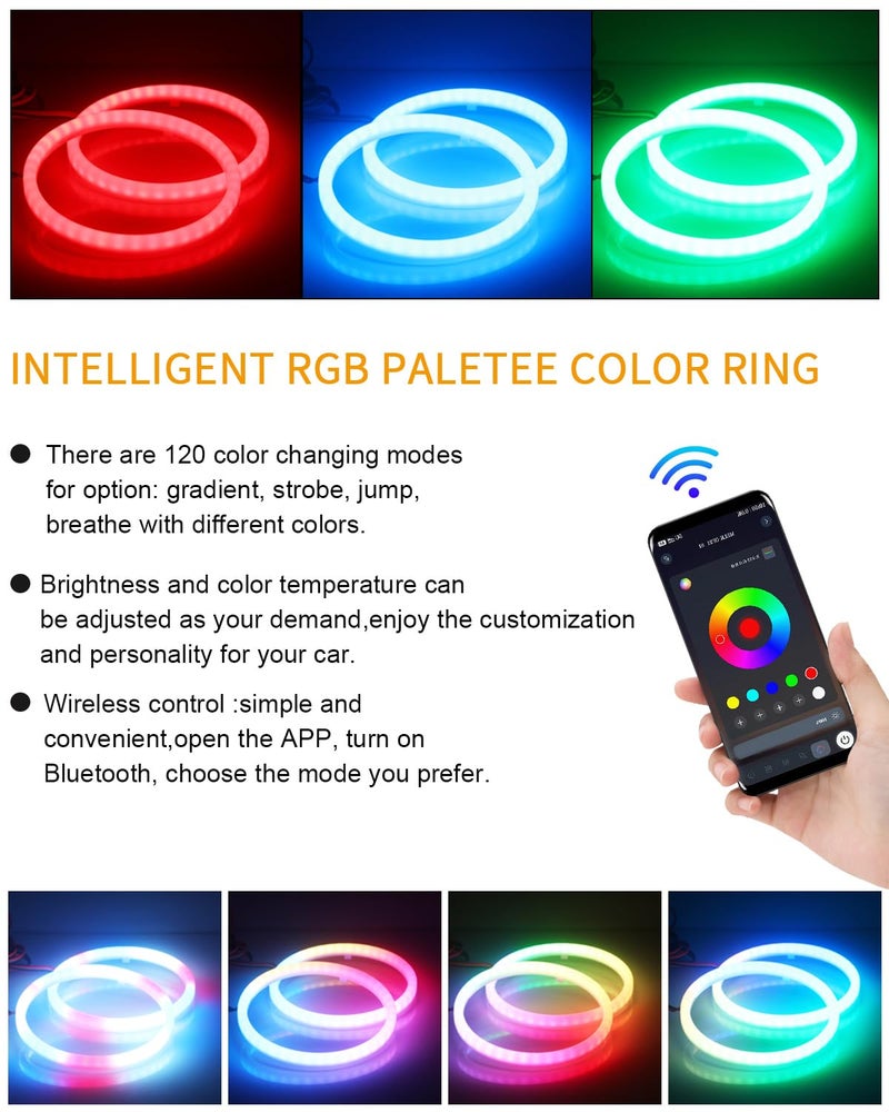 Qasim Angel Eyes Halo Rings Cotton Lights 12V 80MM RGB LED Universal for Car Scooter Motorcycle DRL with Turn Signal Function APP Bluetooth Control Multi-Color 2-Pack - Image 5