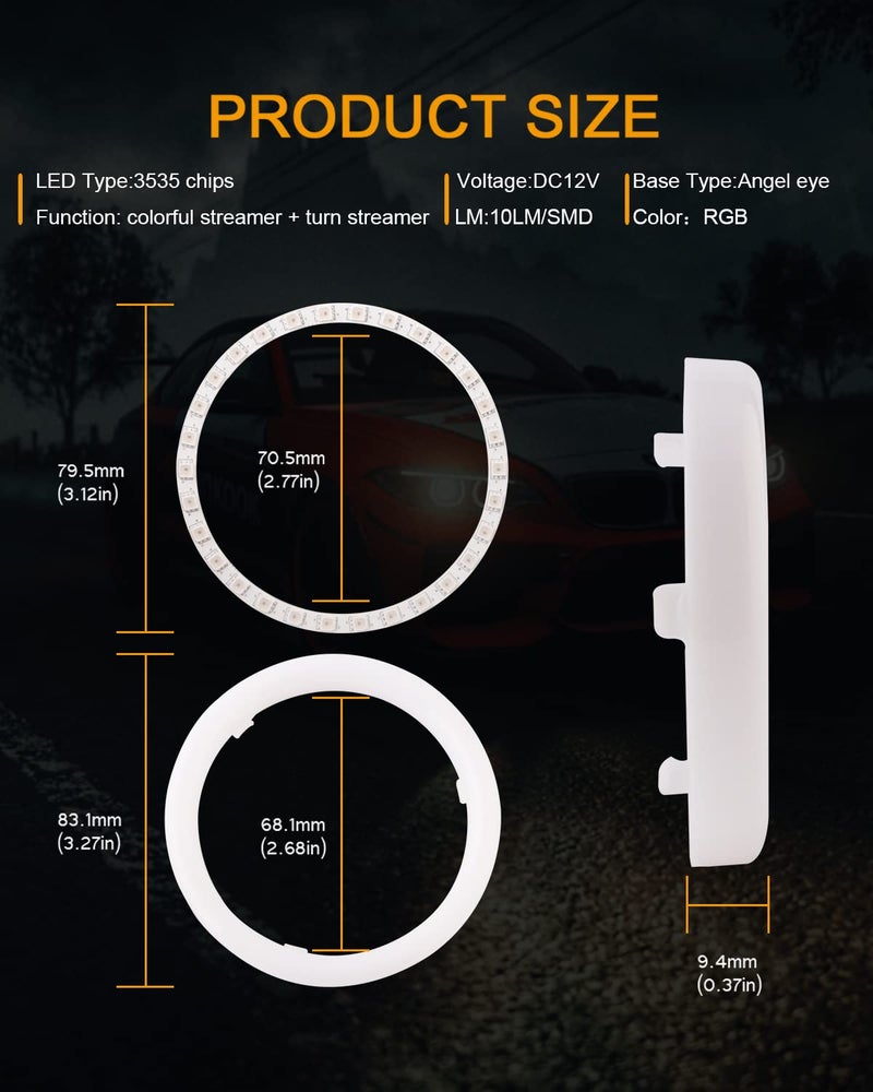 Qasim Angel Eyes Halo Rings Cotton Lights 12V 80MM RGB LED Universal for Car Scooter Motorcycle DRL with Turn Signal Function APP Bluetooth Control Multi-Color 2-Pack - Image 2