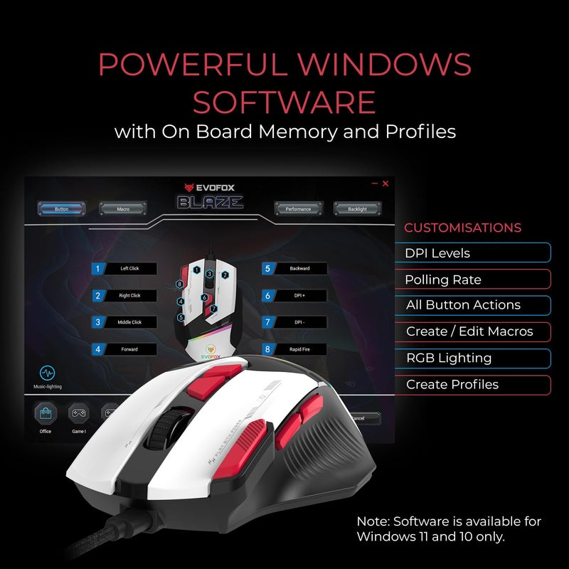 EvoFox Blaze Ultra Value 8 Button Programmable Gaming Mouse with 1000Hz Polling Rate | Gaming Grade DPI 200 to 12800 | Ultra-Responsive 7000fps | RGB Lights with Music sync Mode | Windows Software - Image 4