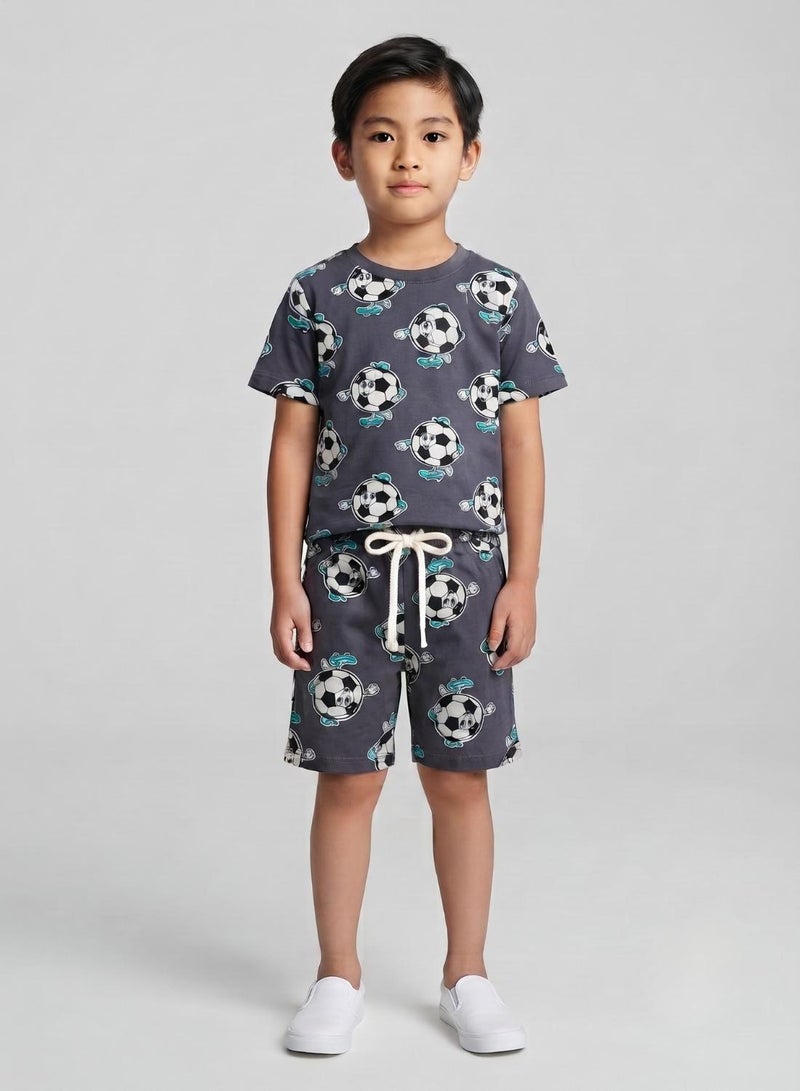 babyqlo Boys Grey Football Print T-Shirt and Shorts Co-ord Set - Image 1