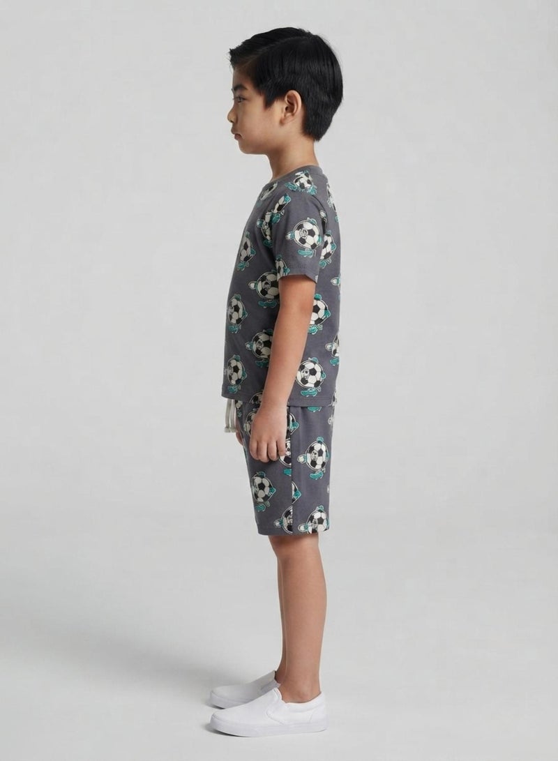 babyqlo Boys Grey Football Print T-Shirt and Shorts Co-ord Set - Image 3