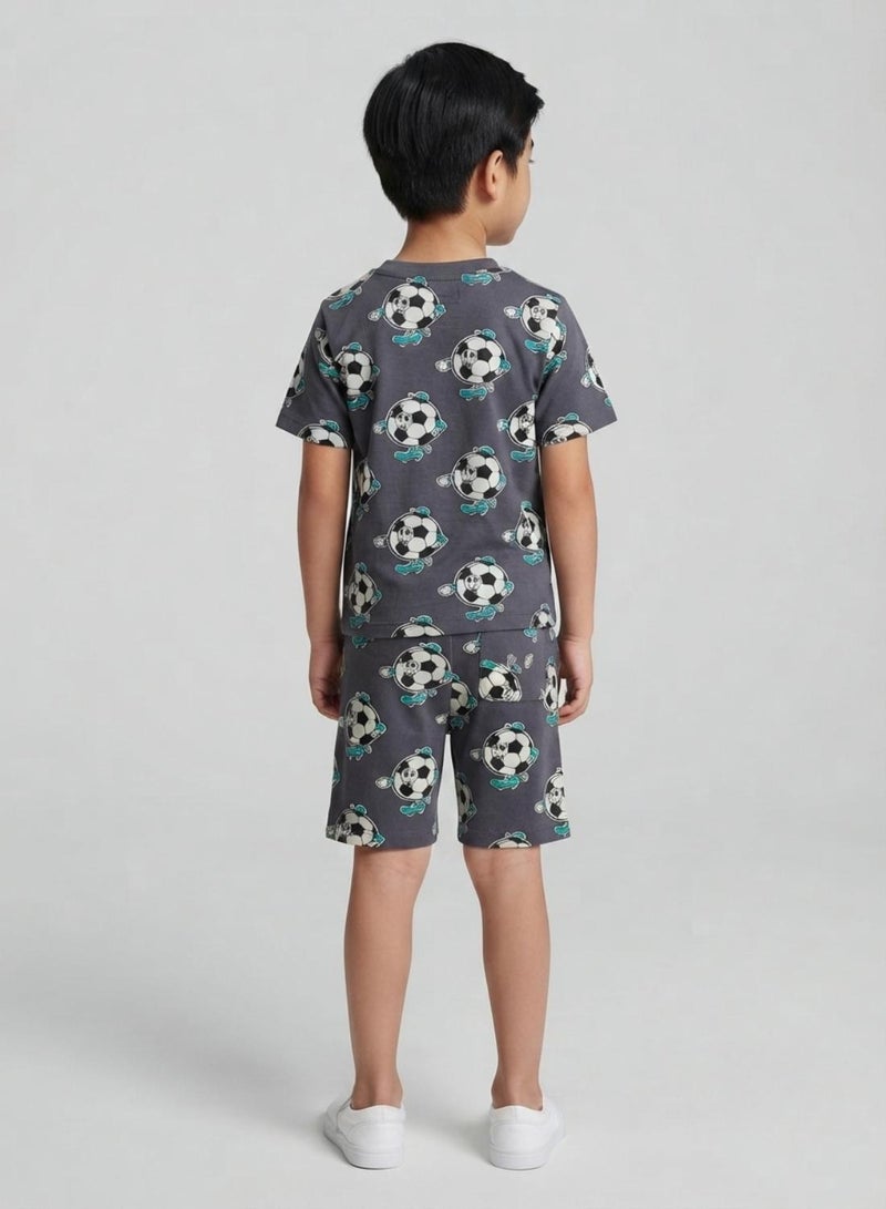 babyqlo Boys Grey Football Print T-Shirt and Shorts Co-ord Set - Image 2