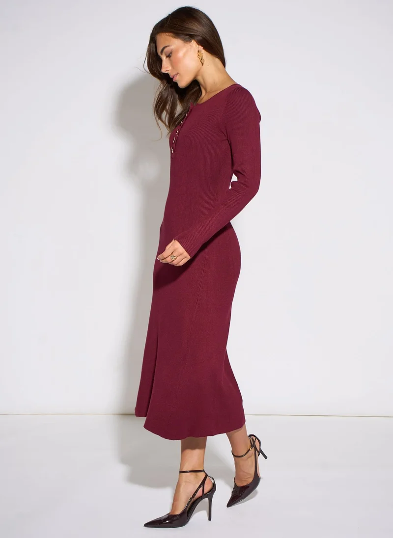 Gini London  Mulberry Long Sleeve Gold Button Midi Dress for Women | Best Price UAE