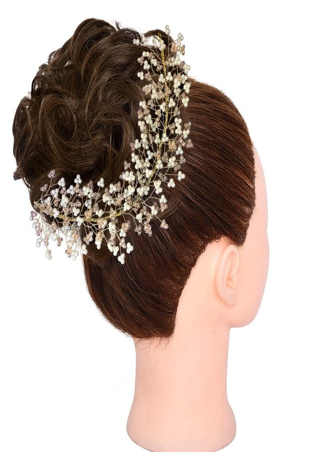Samyak Hair Tiara Accessories For Hairstyle Pearl & Crystal Beaded Handmade Hair Pins Jewellery For Wedding Party Bridesmaid Hair Decoration (Golden) - Image 2