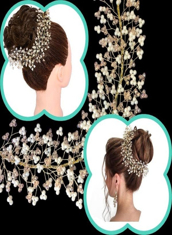 Samyak Hair Tiara Accessories For Hairstyle Pearl & Crystal Beaded Handmade Hair Pins Jewellery For Wedding Party Bridesmaid Hair Decoration (Golden) - Image 3