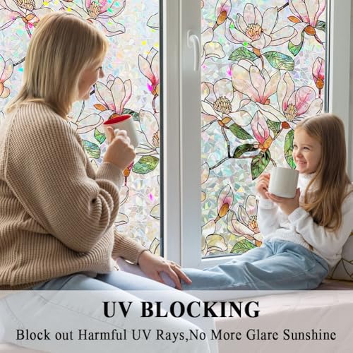 Mikomer Magnolia Flower Stained Glass Window Privacy Cling Rainbow Tinted Glass Door Film Sun Blocking Floral Covering Stickers Decal for Home,17.5 inches by 78.7 inches - Image 5