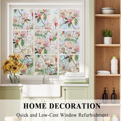 Mikomer Magnolia Flower Stained Glass Window Privacy Cling Rainbow Tinted Glass Door Film Sun Blocking Floral Covering Stickers Decal for Home,17.5 inches by 78.7 inches - Image 3