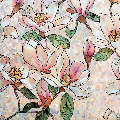 Mikomer Magnolia Flower Stained Glass Window Privacy Cling Rainbow Tinted Glass Door Film Sun Blocking Floral Covering Stickers Decal for Home,17.5 inches by 78.7 inches - Image 1