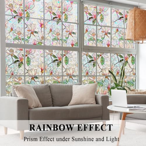 Mikomer Magnolia Flower Stained Glass Window Privacy Cling Rainbow Tinted Glass Door Film Sun Blocking Floral Covering Stickers Decal for Home,17.5 inches by 78.7 inches - Image 4