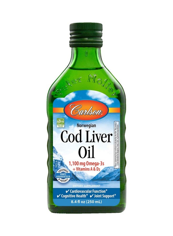 Carlson زيت كبد السمك 1100 ملغ أوميغا 3 + أ د 3 زيت كبد سمك النرويج البري المستدام زيت السمك الشمالي السائل غير المنكه 250 مل 84 أونصة سائلة - Image 1