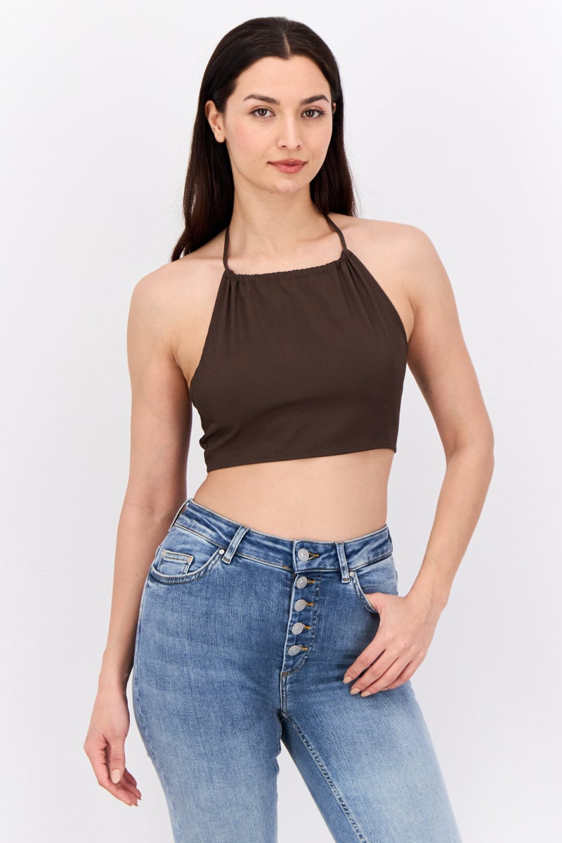 NA-KD بلوزة نسائية بدون أكمام بحمالة عنق، بني شوكولاتة - Image 1