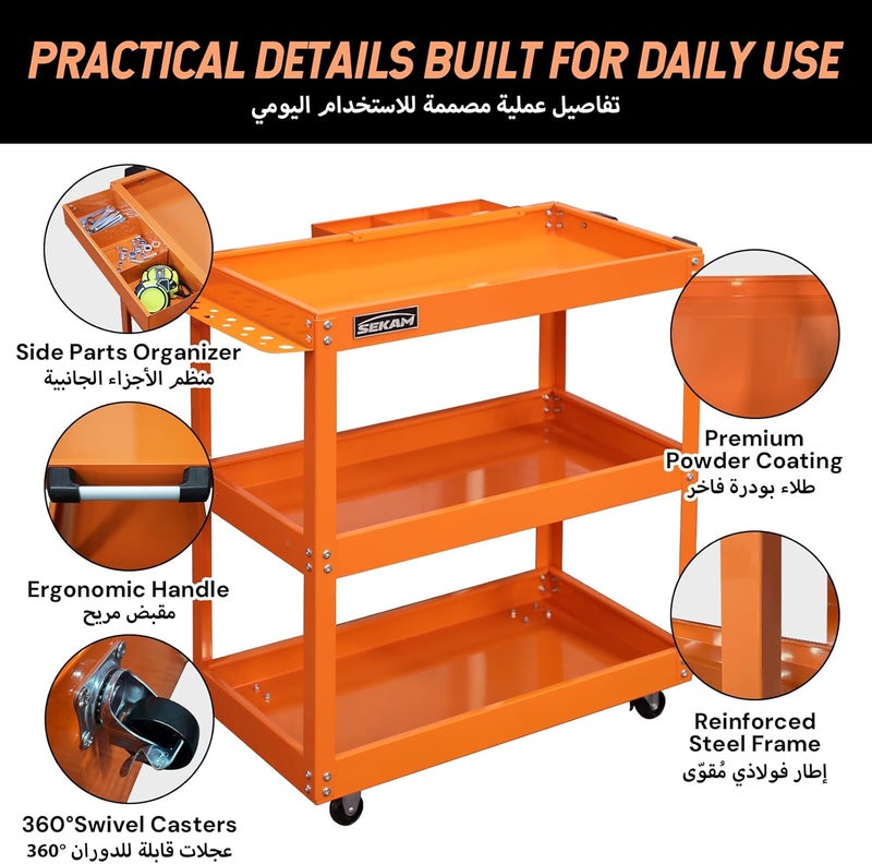 Atrisec 3 Tier Rolling Tool Cart - Heavy Duty Steel Service Cart with Side Storage Organizer & Screwdriver Holder – 400 LBS Load Capacity Metal Utility Trolley for Garage, Orange - Image 2