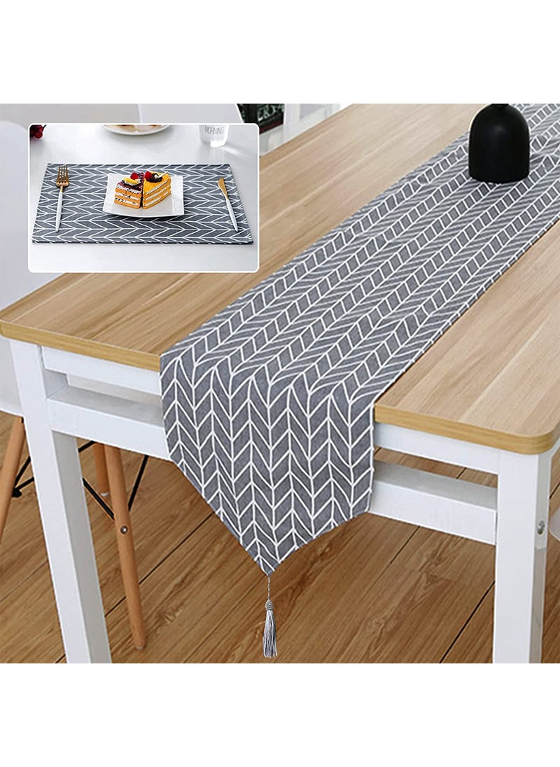 HOUSE OF QUIRK - House of Quirk Table Runner, Linen Cotton Tassel Retro Ethnic Indian Style Tapestry Table Runners for Dining Room Home Decoration (1 Runner 30x160cm, 6 Placemat Grey Pattern) - Image 1