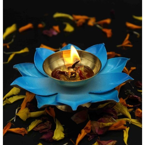 Dalvkot Dalvkot Blue Color Kamal Patta Lotus Design Brass Diyas Oil Lamps for Puja Room Decoration and Diwali Festival 2 - Image 2
