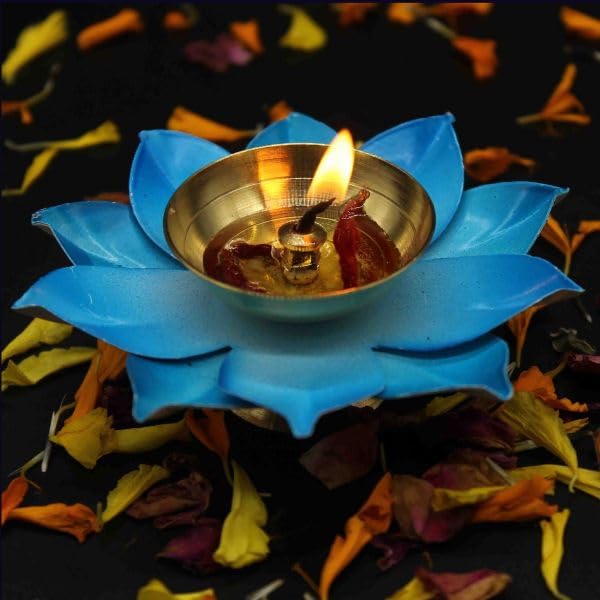 Dalvkot Dalvkot Blue Color Kamal Patta Lotus Design Brass Diyas Oil Lamps for Puja Room Decoration and Diwali Festival 2 - Image 1