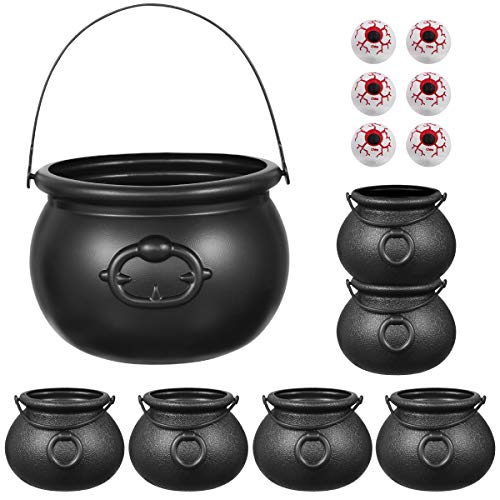 Hemoton 7Pack Halloween Cauldron with Handle Black Cauldron Candy Bucket Candy Kettle for Halloween St Patrick Day Party Decoration attached 6PCS Eyeballs - Image 1