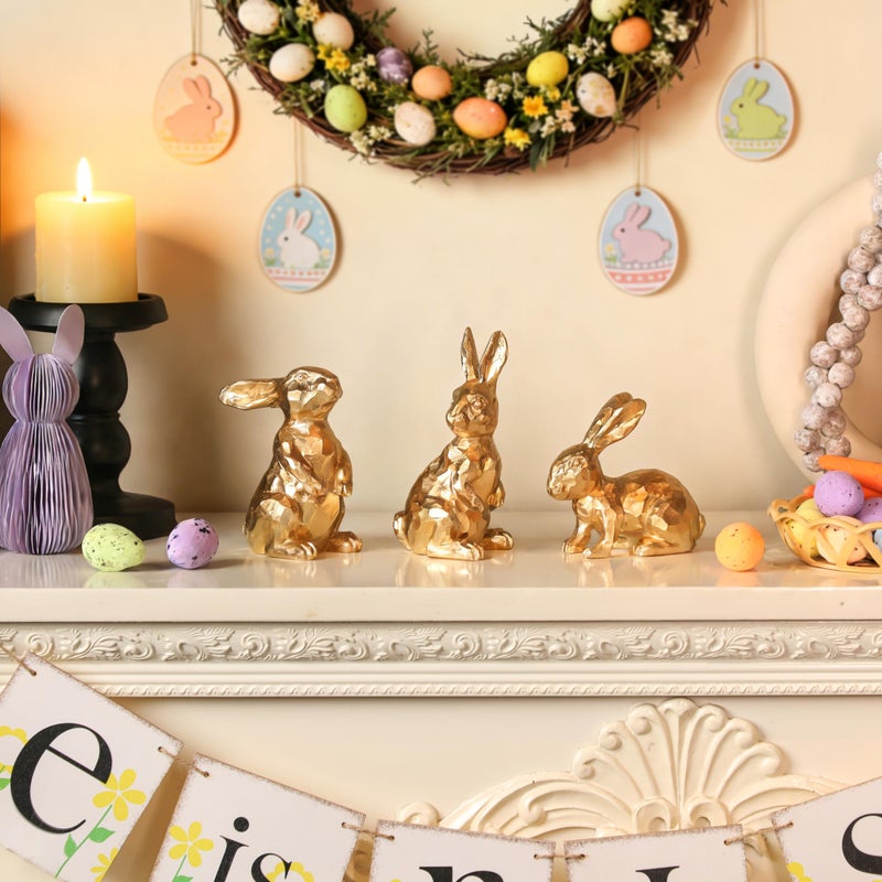 NEWLIGHTURE Easter Bunny Decorations - Set of 3 Golden Resin Rabbit Statues for Easter Table and Home Centerpiece - Image 5