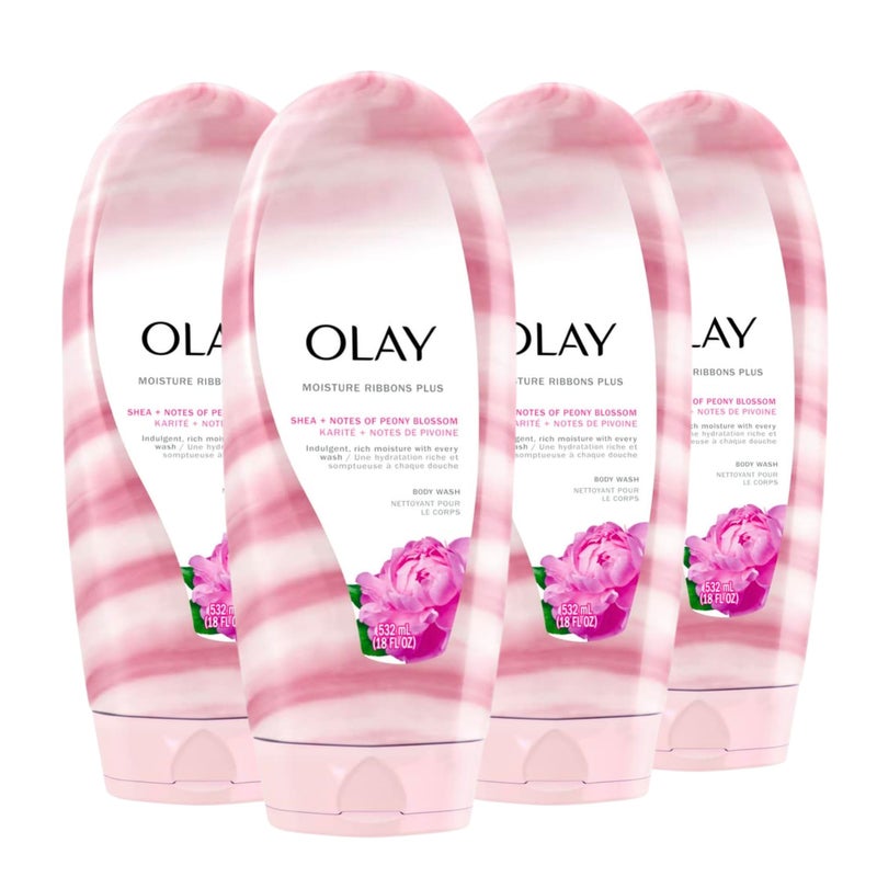 Olay Body Wash for Women, Moisture Ribbons Plus, Deep Conditioning & Moisturizing Formula, Long Lasting Smooth Soft Skin, For All Skin Types, Shea Butter & Peony Blossom Scent, 18 fl oz (Pack of 4) - Image 1