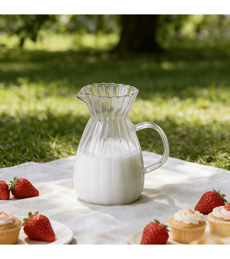 1 قطعة إبريق زجاجي بخطوط عمودية مع مقبض مناسب للحليب والقهوة والشاي وصب المشاركة - Image 5