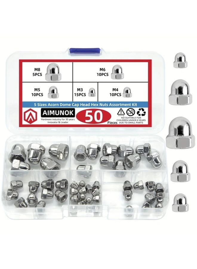 50pcs Stainless Steel Acorn Nut Set M3 to M8 Hex Dome Caps Polished Finish - Image 1