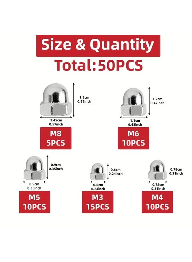 50pcs Stainless Steel Acorn Nut Set M3 to M8 Hex Dome Caps Polished Finish - Image 5