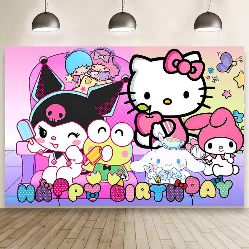 BNFUO Kawaii And Friends Birthday Decorations Happy Birthday Banner Backdrop for Kids Birthday Party Supplies 5x3ft - Image 1