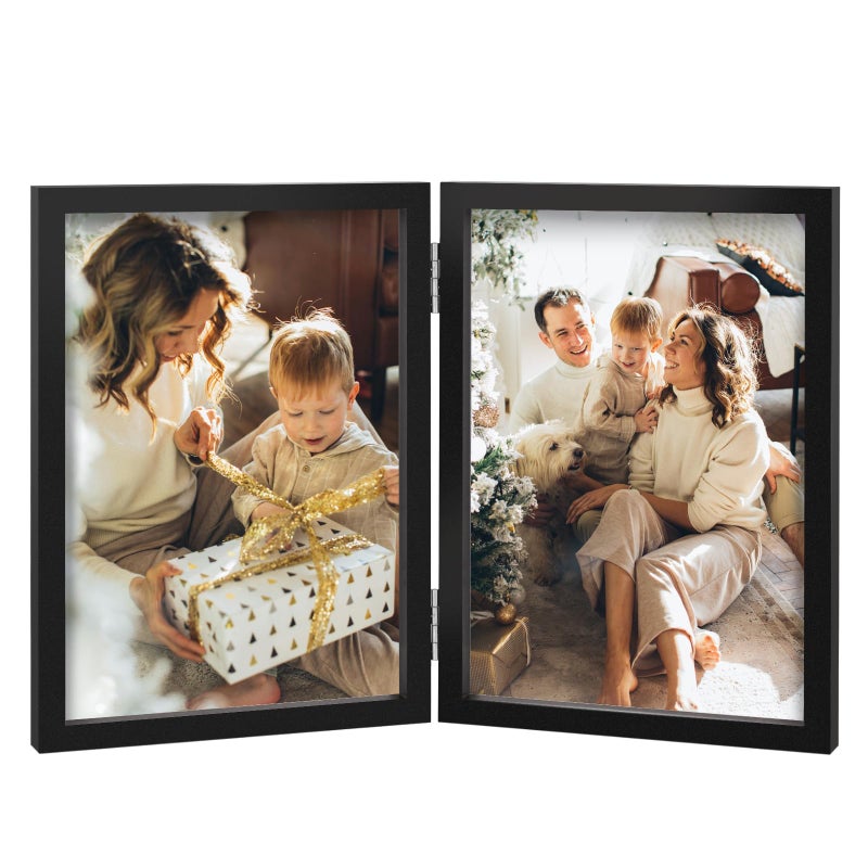 Double Photo Frame 4x6 Hinged Folding Wood Picture Frame with Glass Front Stand Vertical on Desktop Black