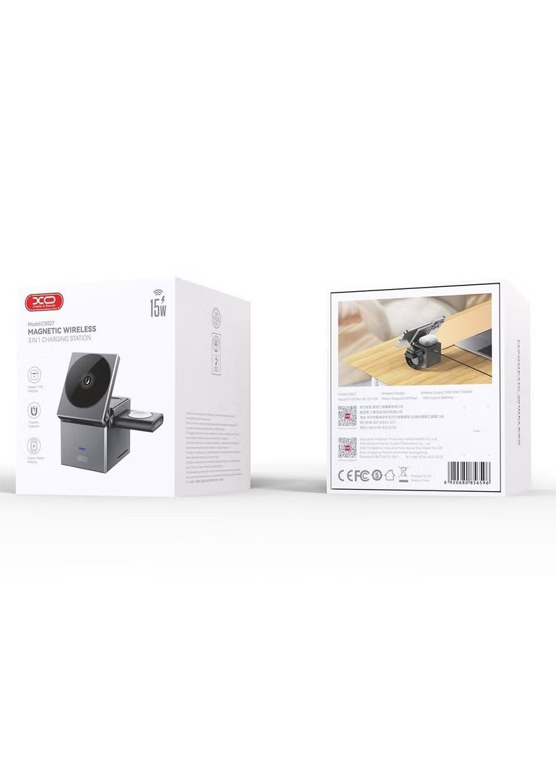 CX027 Magnetic Wireless 3-in-1 Charging Station, Pocket-Sized Powerhouse for Travel, Fast Charging for iPhone, AirPods, Apple Watch, Compact & Portable Design for On-the-Go Charging.