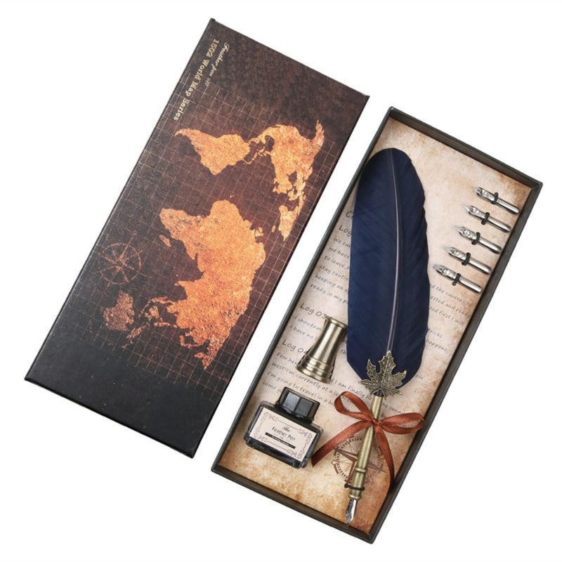 Feather Quill Pen Vintage Feather Dip Ink Pen Set Copper Pen Stem Writing Quill Pen Calligraphy Pen As Christmas Birthday Gift Set Navy Blue